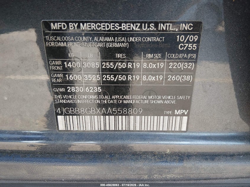 2010 Mercedes-Benz Ml 350 4Matic VIN: 4JGBB8GBXAA558809 Lot: 45628063