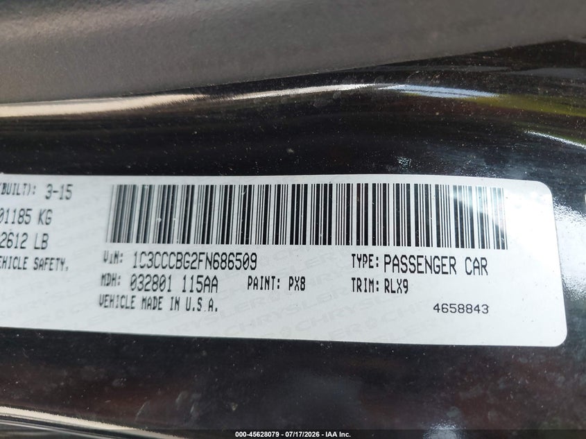 2015 Chrysler 200 S VIN: 1C3CCCBG2FN686509 Lot: 45628079