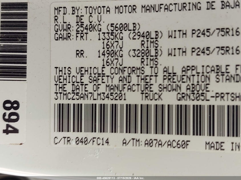 2020 Toyota Tacoma Sr5 V6 VIN: 3TMCZ5AN7LM345201 Lot: 45628113