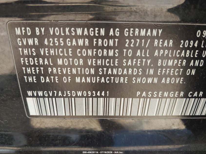 2013 Volkswagen Gti 4-Door VIN: WVWGV7AJ5DW093441 Lot: 45628114