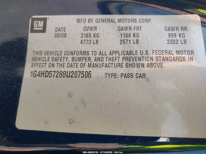 2008 Buick Lucerne Cxl VIN: 1G4HD57288U207506 Lot: 45628135