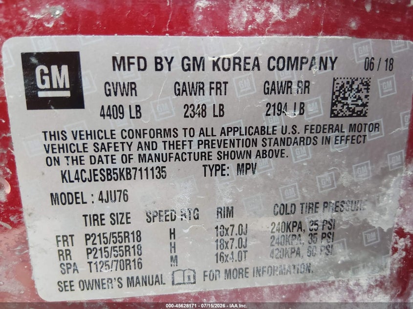 2019 Buick Encore Awd Preferred VIN: KL4CJESB5KB711135 Lot: 45628171