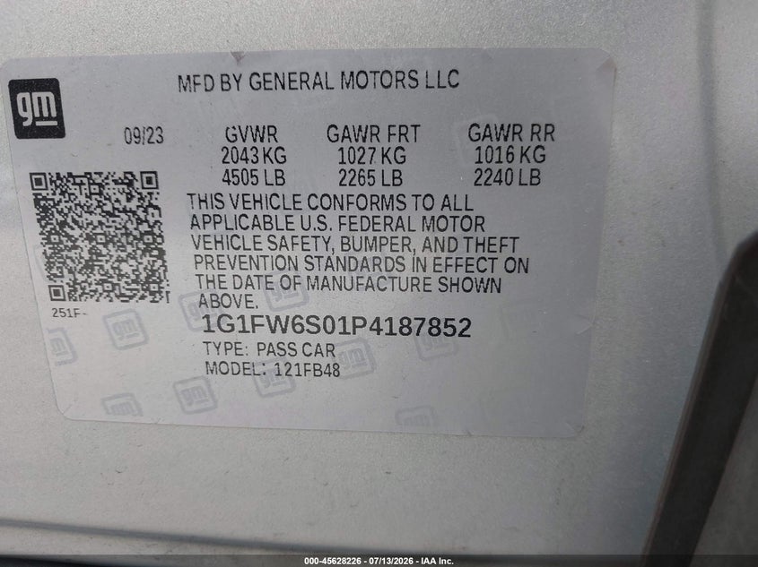 2023 Chevrolet Bolt Ev Fwd 1Lt VIN: 1G1FW6S01P4187852 Lot: 45628226