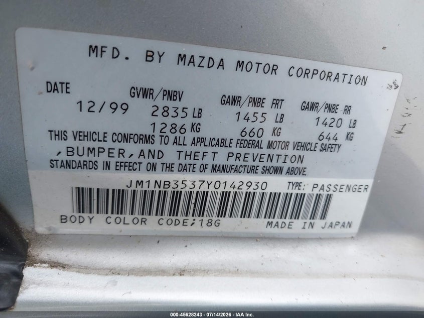 2000 Mazda Mx-5 Miata Ls/Special Edition VIN: JM1NB3537Y0142930 Lot: 45628243