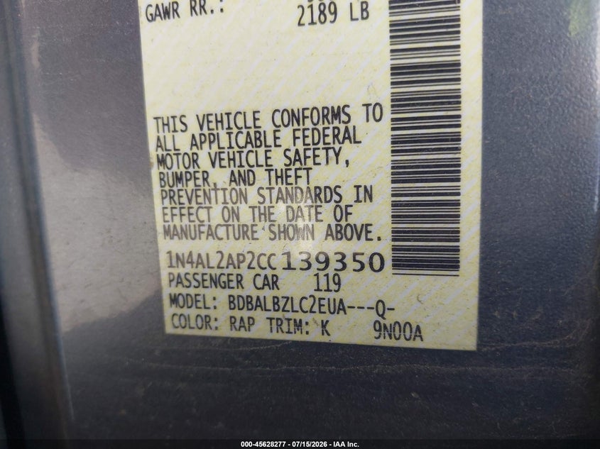 2012 NISSAN ALTIMA SEDAN 2.5L I-4 DOHC, VVT, 175HP