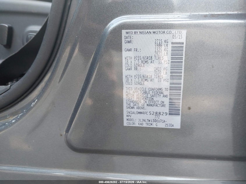 2015 Infiniti Qx60 VIN: 5N1AL0MM4FC528829 Lot: 45628282