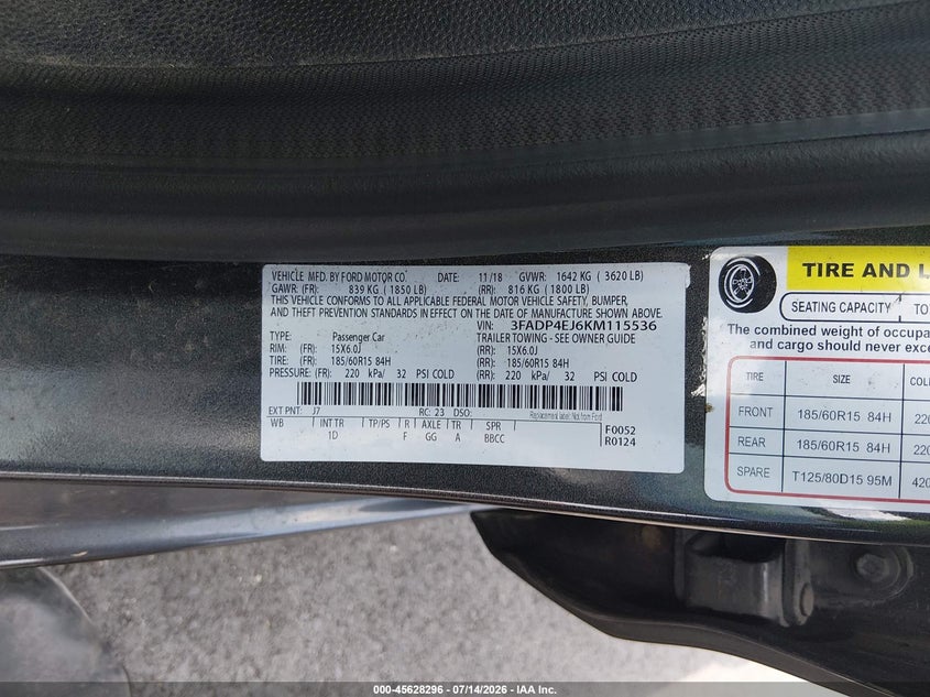 2019 Ford Fiesta Se VIN: 3FADP4EJ6KM115536 Lot: 45628296