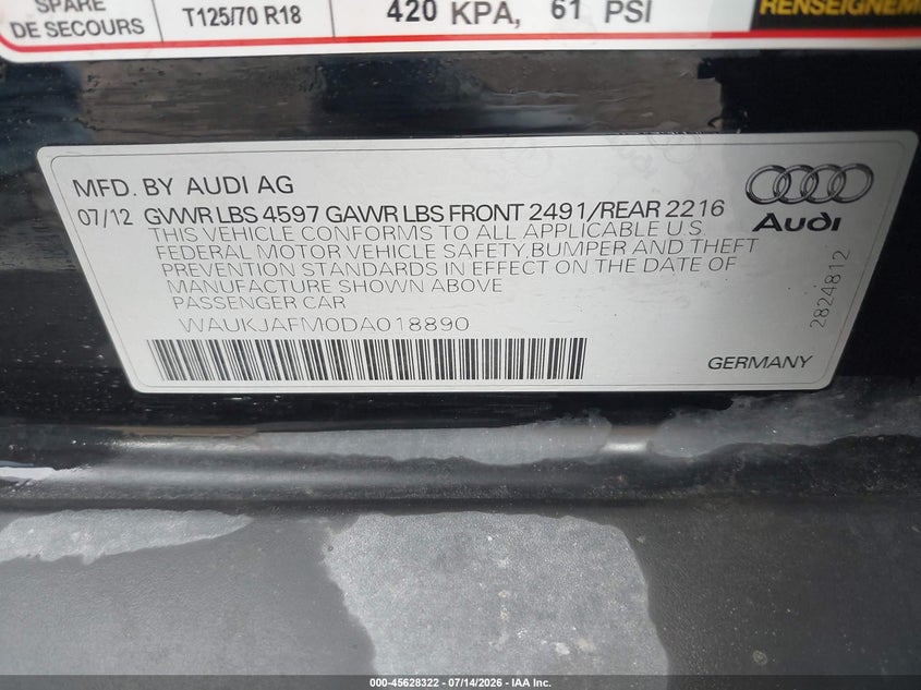 2013 Audi A3 2.0 Tdi Premium VIN: WAUKJAFM0DA018890 Lot: 45628322