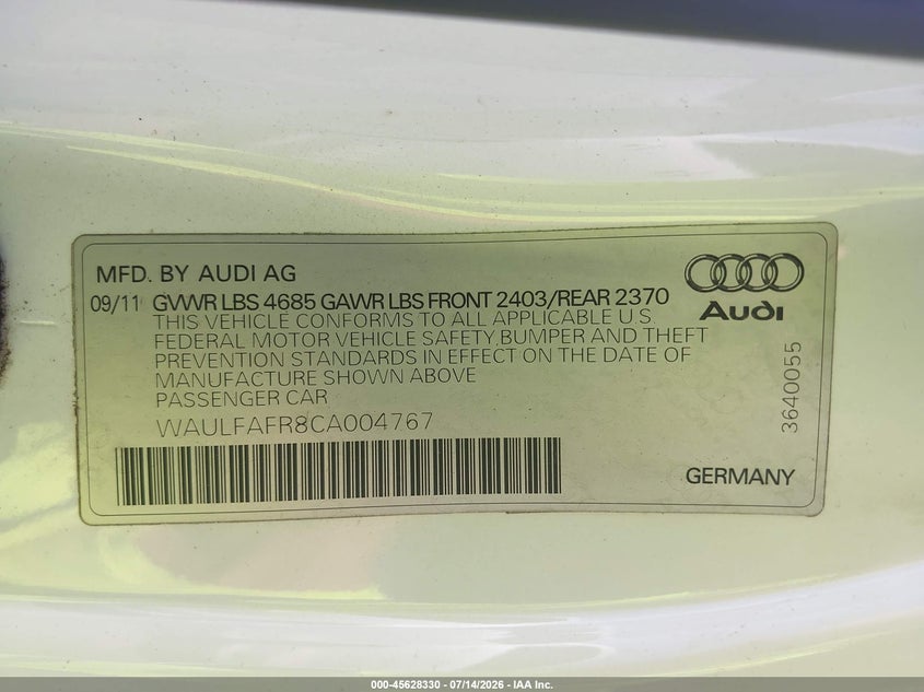 2012 Audi A5 2.0T Premium Plus VIN: WAULFAFR8CA004767 Lot: 45628330