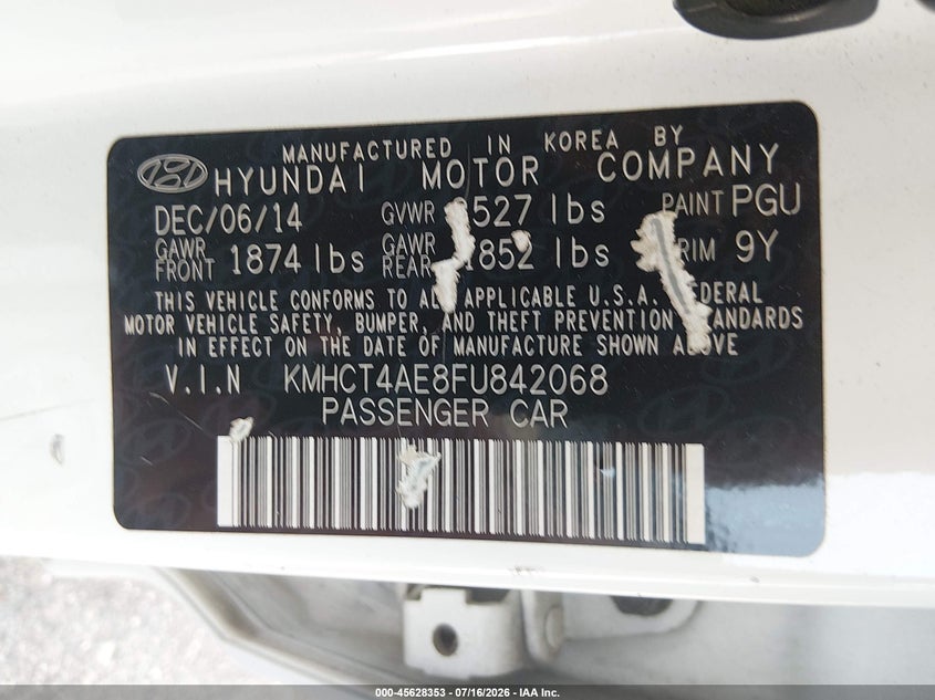 2015 Hyundai Accent Gls VIN: KMHCT4AE8FU842068 Lot: 45628353