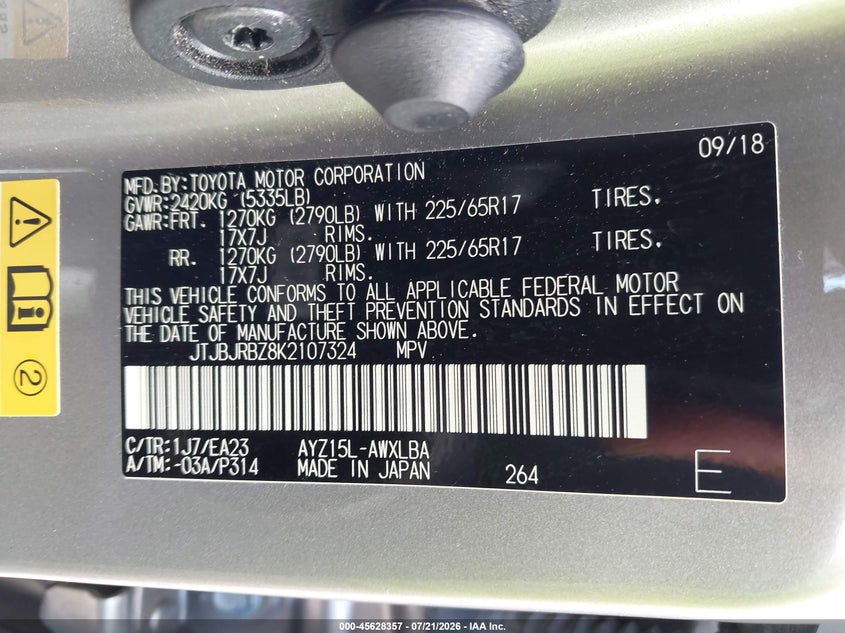 2019 Lexus Nx 300H VIN: JTJBJRBZ8K2107324 Lot: 45628357