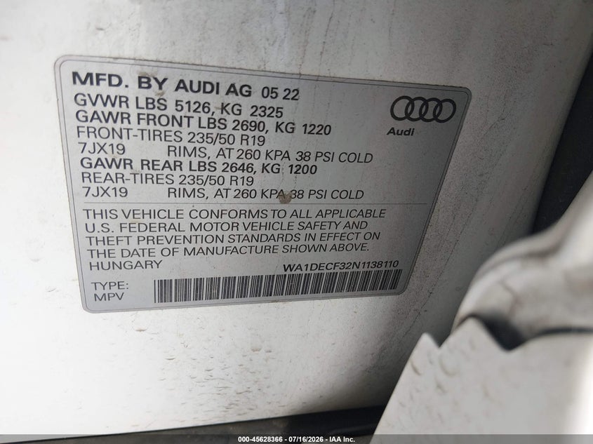 2022 Audi Q3 Premium 45 Tfsi S Line Quattro Tiptronic VIN: WA1DECF32N1138110 Lot: 45628366
