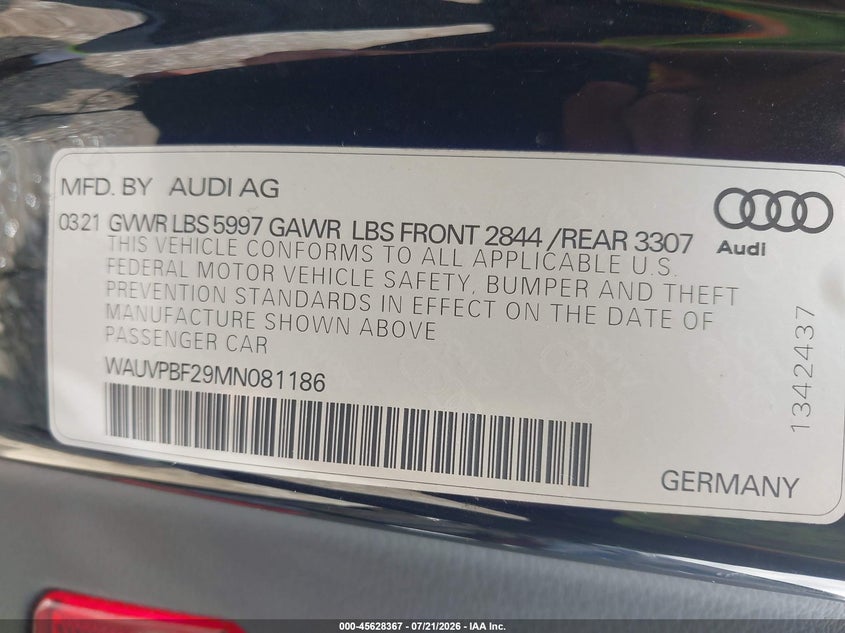 2021 Audi A7 Sportback Prestige 55 Tfsi E Quattro S Tronic VIN: WAUVPBF29MN081186 Lot: 45628367