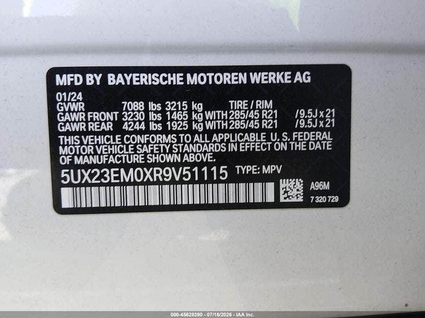 2024 BMW X7 xDrive40I VIN: 5UX23EM0XR9V51115 Lot: 45628390