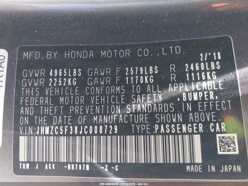 2018 Honda Clarity Plug-In Hybrid Touring VIN: JHMZC5F38JC008729 Lot: 45628439