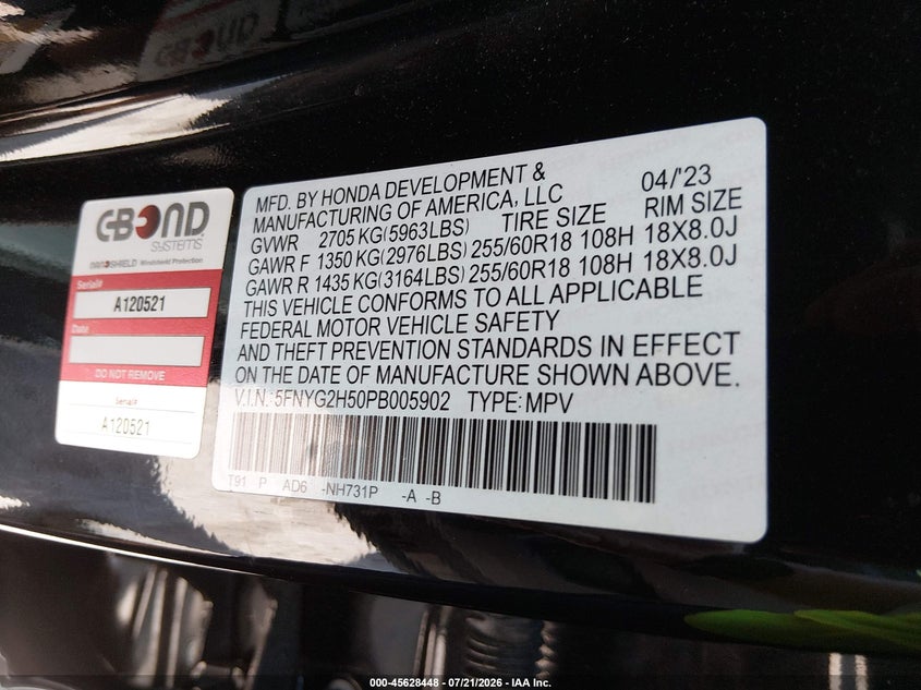 2023 Honda Pilot 2Wd Ex-L 7 Passenger VIN: 5FNYG2H50PB005902 Lot: 45628448