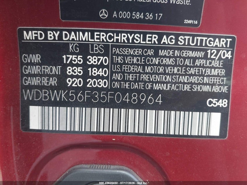 2005 Mercedes-Benz Slk 350 VIN: WDBWK56F35F048964 Lot: 45628450