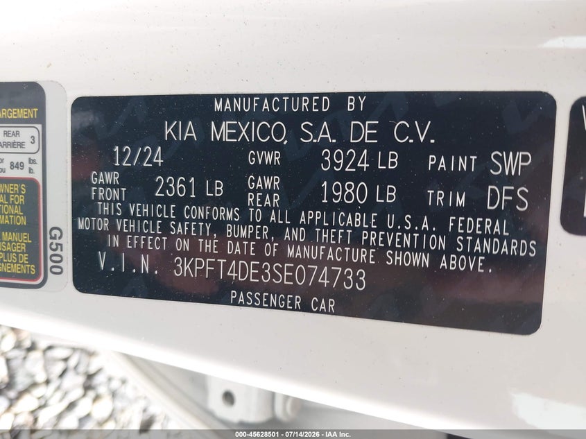 2025 Kia K4 Lxs VIN: 3KPFT4DE3SE074733 Lot: 45628501