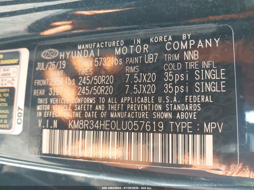2020 Hyundai Palisade Sel VIN: KM8R34HE0LU057619 Lot: 45628504