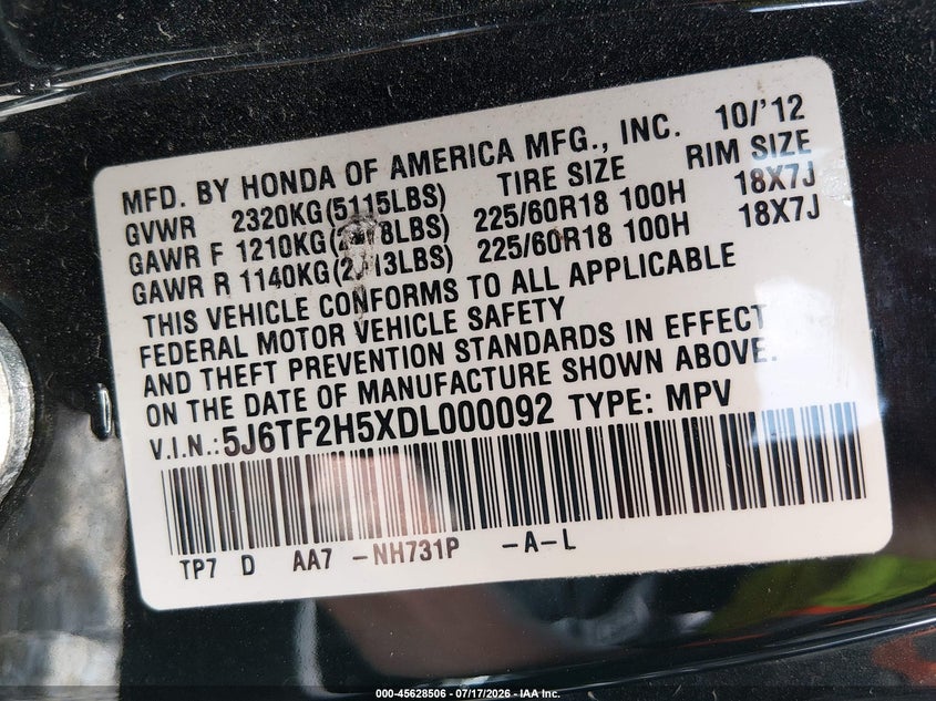 2013 Honda Crosstour Ex-L V6 VIN: 5J6TF2H5XDL000092 Lot: 45628506