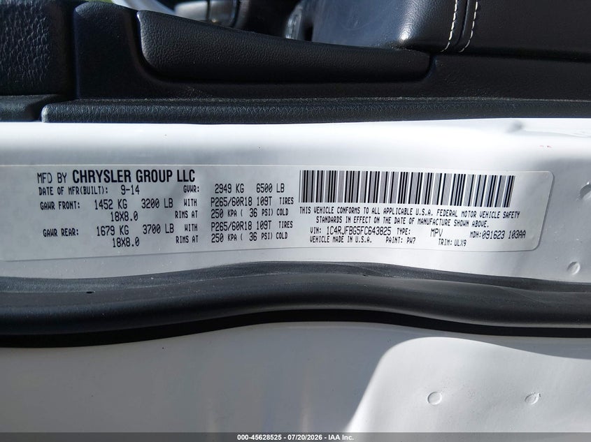 2015 Jeep Grand Cherokee Limited VIN: 1C4RJFBG5FC643825 Lot: 45628525