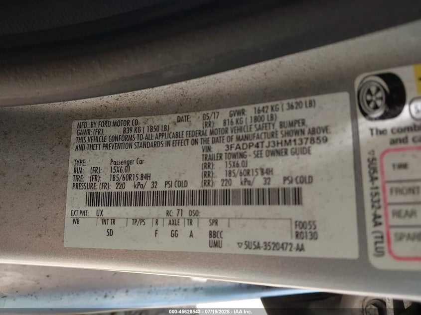 2017 Ford Fiesta S VIN: 3FADP4TJ3HM137859 Lot: 45628543