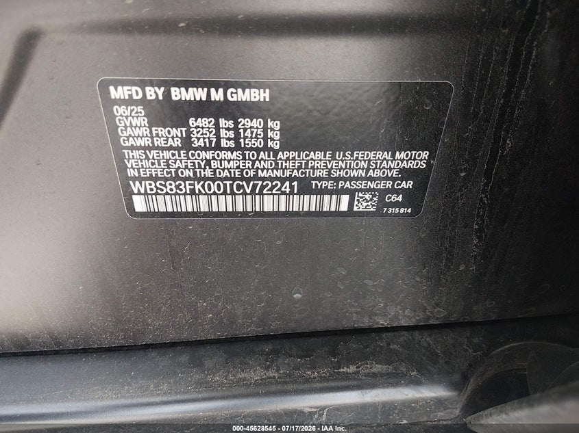 2026 BMW M5 VIN: WBS83FK00TCV72241 Lot: 45628545