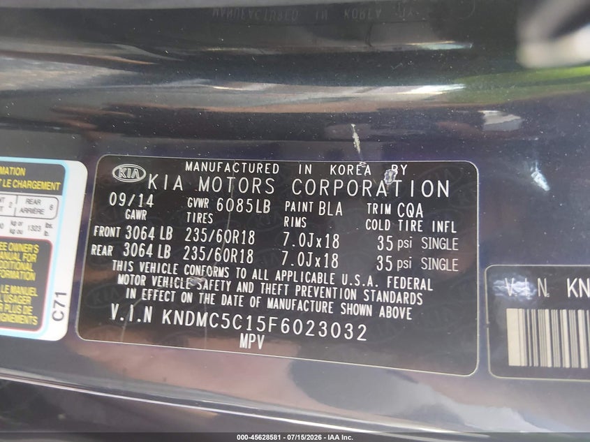 2015 Kia Sedona Ex VIN: KNDMC5C15F6023032 Lot: 45628581