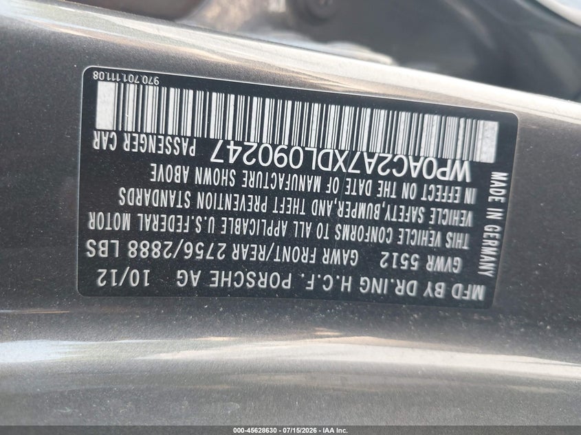 2013 Porsche Panamera Turbo VIN: WP0AC2A7XDL090247 Lot: 45628630