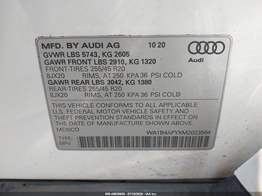 2021 Audi Sq5 Premium Plus Tfsi Quattro Tiptronic VIN: WA1B4AFYXM2023564 Lot: 45628656