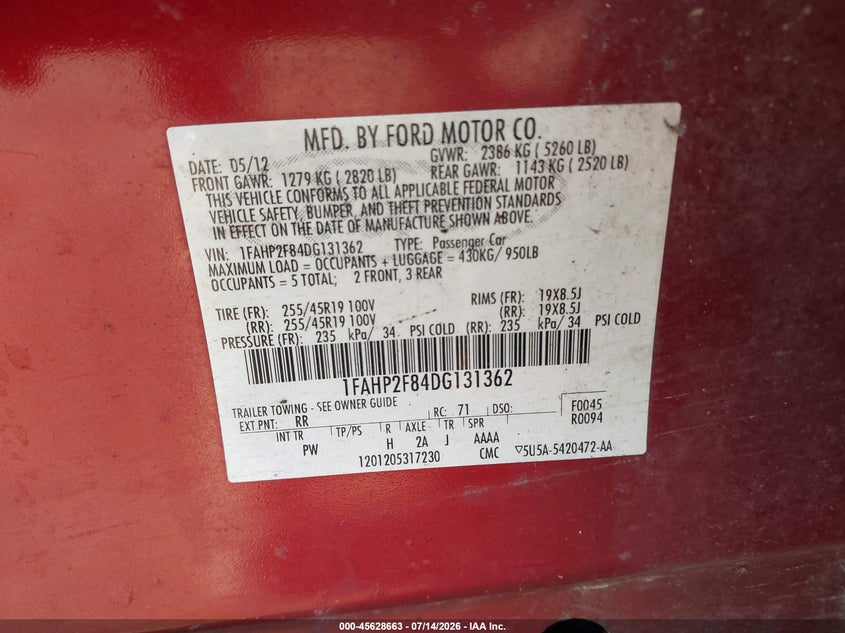 2013 Ford Taurus Limited VIN: 1FAHP2F84DG131362 Lot: 45628663