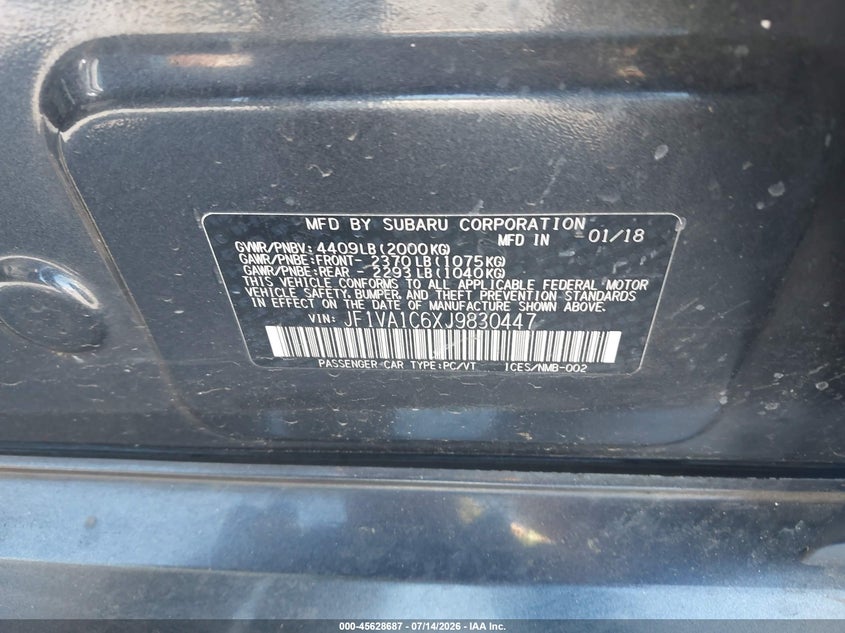 2018 Subaru Wrx Premium VIN: JF1VA1C6XJ9830447 Lot: 45628687