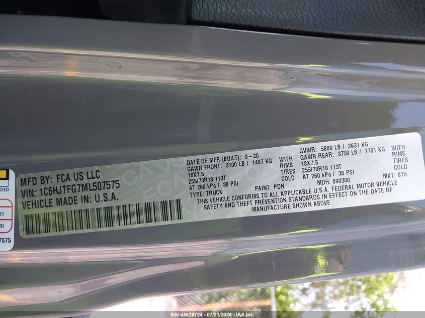 2021 Jeep Gladiator Overland 4X4 VIN: 1C6HJTFG7ML507575 Lot: 45628724