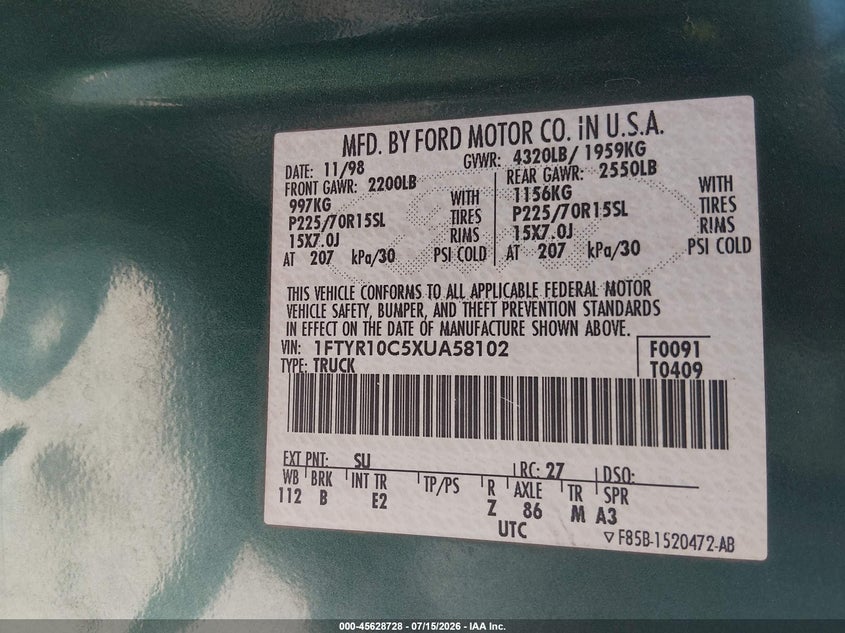 FORD RANGER 1999 VIN 1FTYR10C5XUA58102