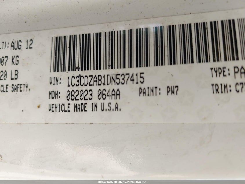 2013 Dodge Avenger Se VIN: 1C3CDZAB1DN537415 Lot: 45628738