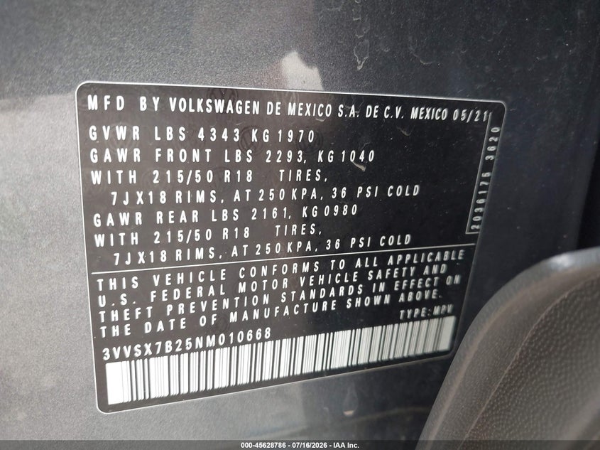 2022 Volkswagen Taos 1.5T Se VIN: 3VVSX7B25NM010668 Lot: 45628786