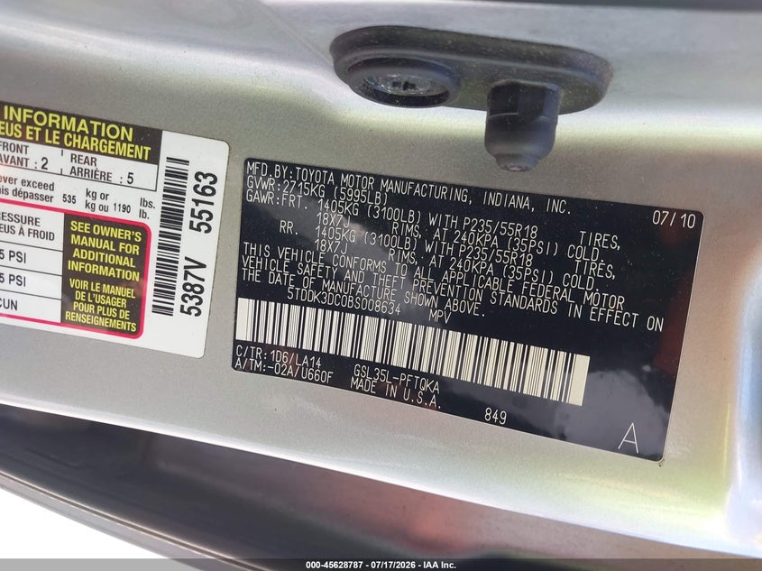 2011 Toyota Sienna Limited VIN: 5TDDK3DC0BS008634 Lot: 45628787