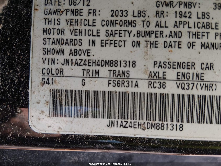 2013 Nissan 370Z VIN: JN1AZ4EH4DM881318 Lot: 45628798