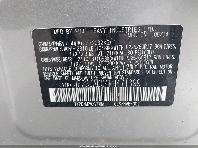 2015 Subaru Forester 2.5I Premium VIN: JF2SJADC4FH471399 Lot: 45628815