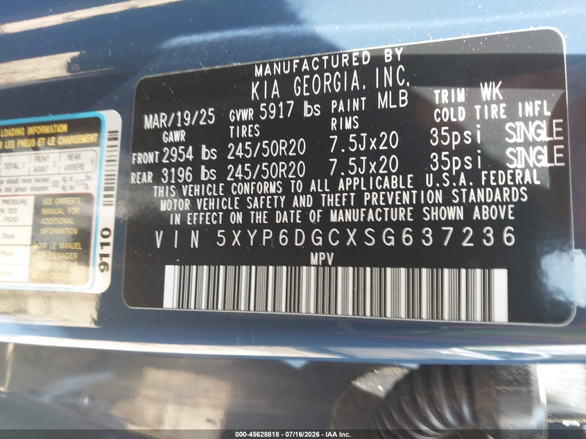 2025 Kia Telluride S VIN: 5XYP6DGCXSG637236 Lot: 45628818