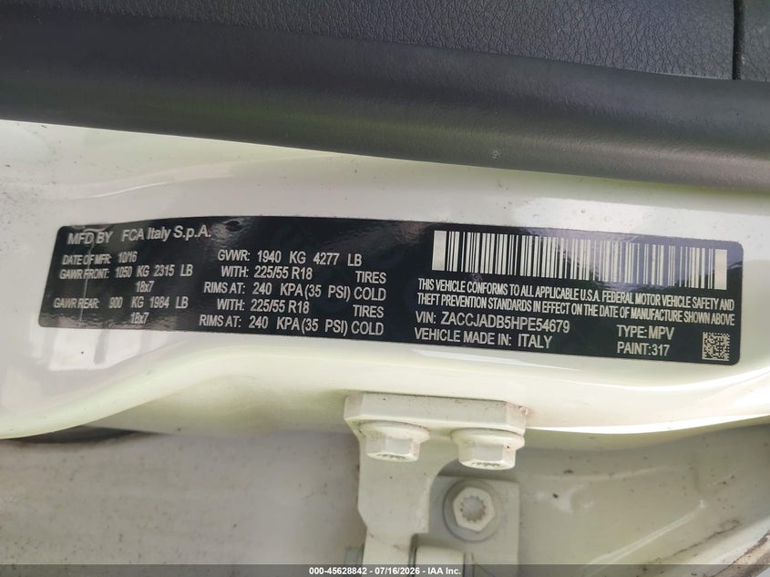 2017 Jeep Renegade Limited VIN: ZACCJADB5HPE54679 Lot: 45628842