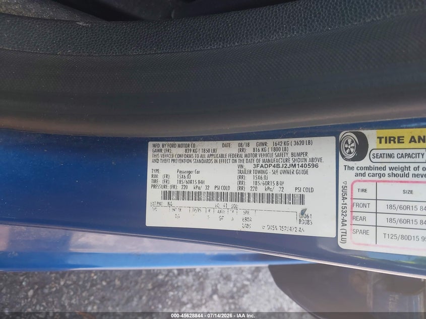 2018 Ford Fiesta Se VIN: 3FADP4BJ2JM140596 Lot: 45628844