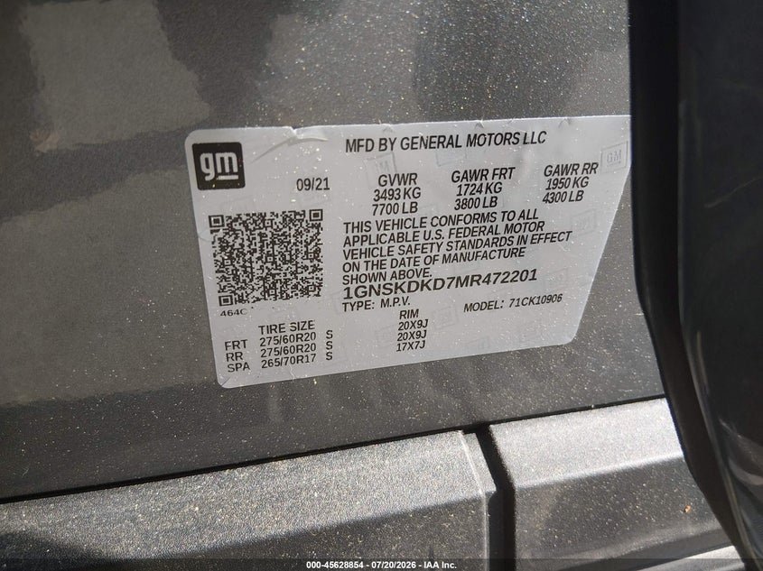 2021 Chevrolet Suburban 4Wd Z71 VIN: 1GNSKDKD7MR472201 Lot: 45628854