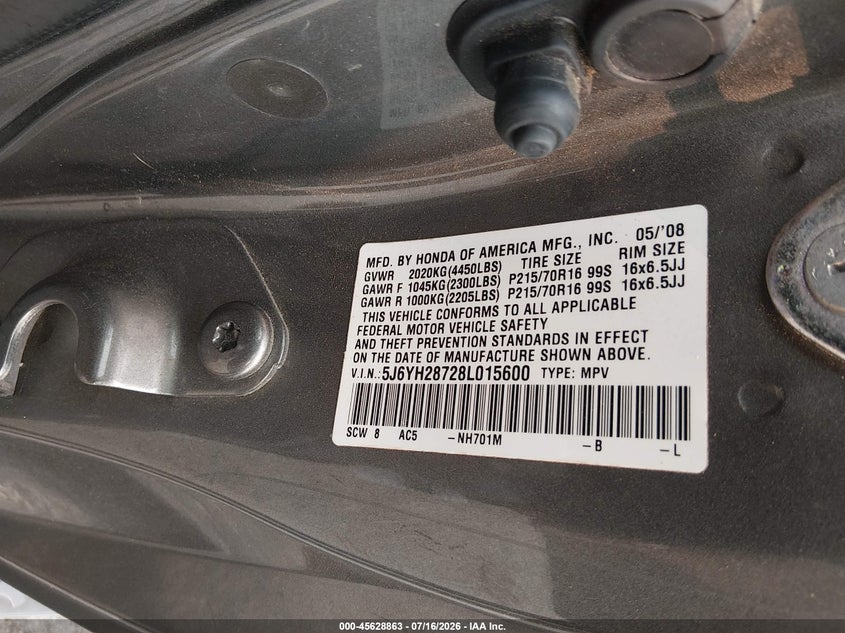 2008 Honda Element Ex VIN: 5J6YH28728L015600 Lot: 45628863