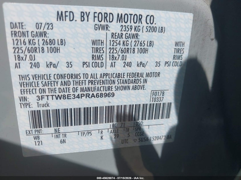 2023 Ford Maverick Lariat VIN: 3FTTW8E34PRA68969 Lot: 45628874
