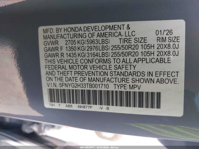 2026 Honda Pilot Sport VIN: 5FNYG2H33TB001710 Lot: 45628877