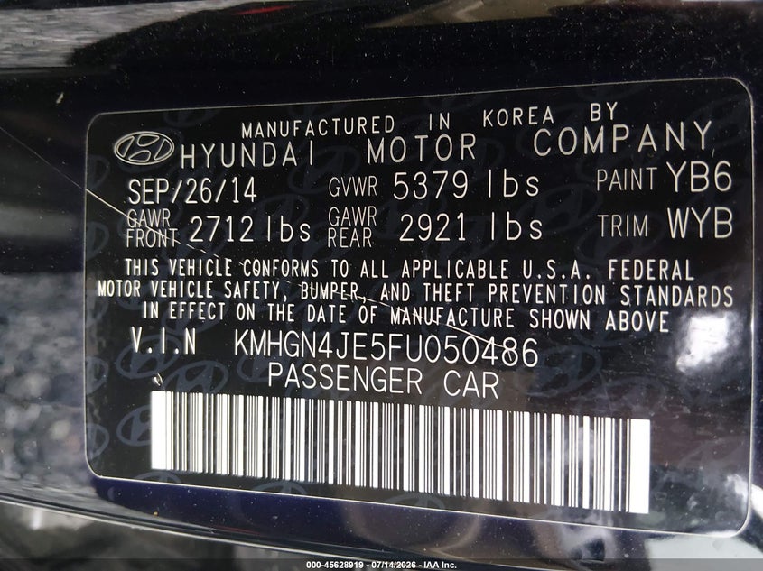 2015 Hyundai Genesis 3.8 VIN: KMHGN4JE5FU050486 Lot: 45628919