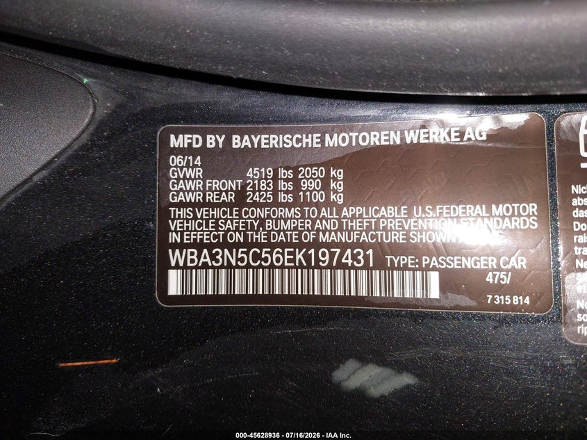 2014 BMW 428I xDrive VIN: WBA3N5C56EK197431 Lot: 45628936