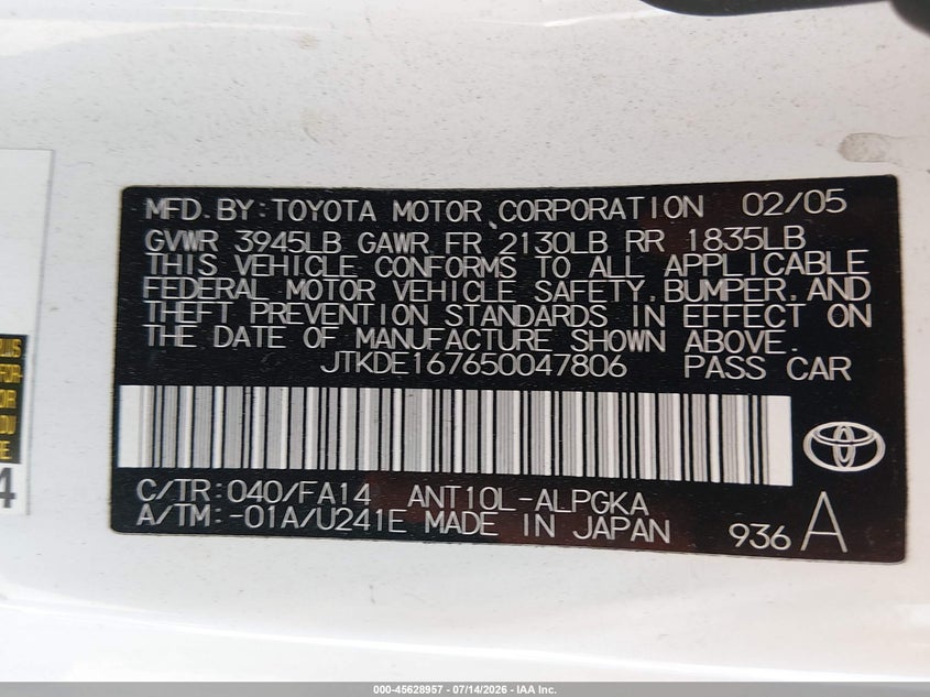 2005 Scion Tc VIN: JTKDE167650047806 Lot: 45628957