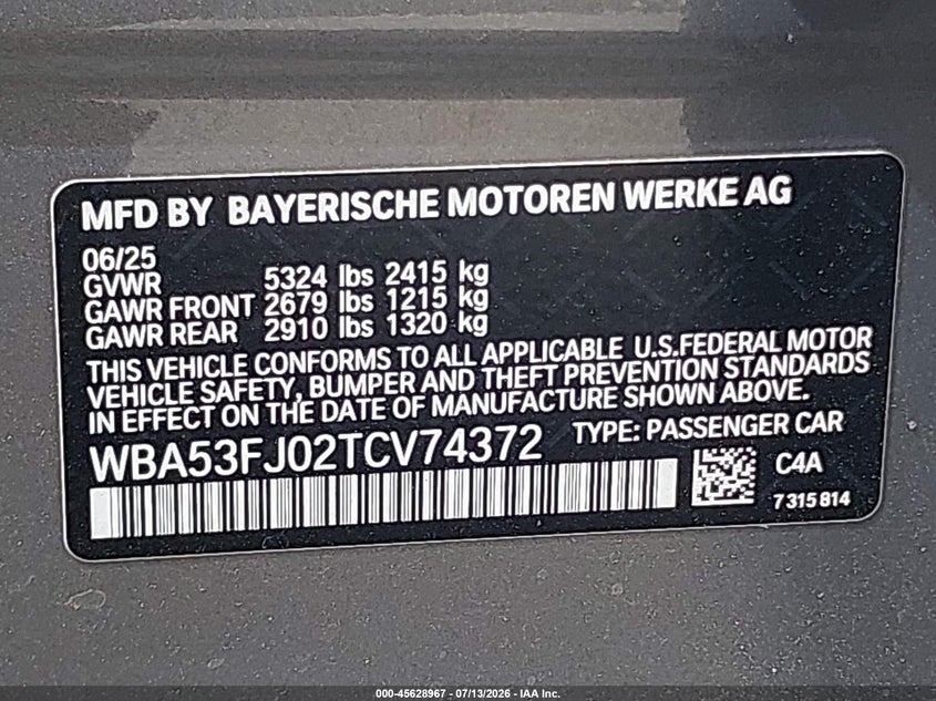 2026 BMW 530I xDrive VIN: WBA53FJ02TCV74372 Lot: 45628967